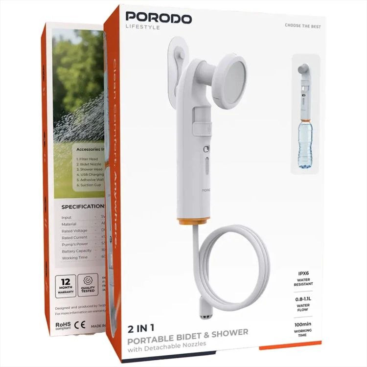 دوش و بیدت مسافرتی شارژی پرودو مدل Porodo PDLFSTPB55WH